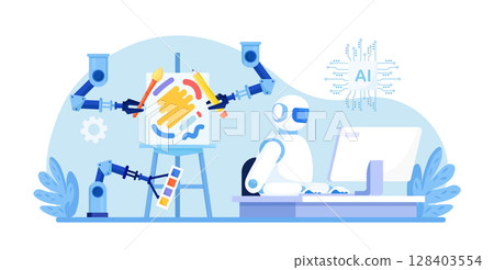 Robot painting to create artwork. Artificial intelligence generating stunning works of art. AI technologies in hobbies. Robotic arm create a painting art controlled by a computer algorithm Robot painting to create artwork. Artificial intelligence generating stunning works of art. AI technologies in hobbies. Robotic arm create a painting art controlled by a computer algorithm 128403554