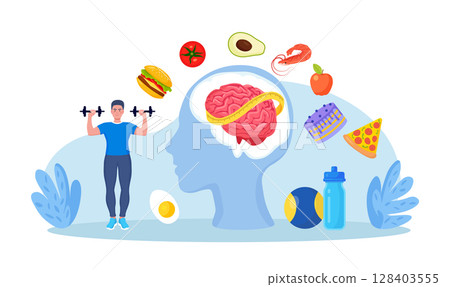 Eating disorders as psychological illness. Excessive weight control, food limitation. Man worrying about her appearance, doing exercise. Addiction to slimming, dieting and mental guilty feeling 128403555