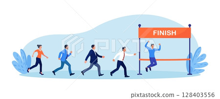 Business people compete running. Business competition. Contest against competitors to increase sales. Skill or effort to succeed in work, motivation. Career success or achievement 128403556
