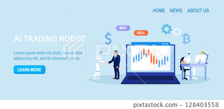 Artificial intelligence, robot trader. Trading bot analyze market data, financial exchange, earning profit. AI for automation trading on stock market. Digital currency market transactions 128403558