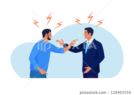 Business conflict, rivalry among colleagues. Two men arguing and fighting. Colleagues debating or misunderstanding. People quarrel and swear. Aggressive characters yell at each other 128403559