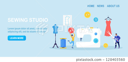 Manual sew machine. Dressmaking, sewing workshop or courses. Fashion designer are tailoring clothes. Sewing tools, needle, scissors, threads. Dressmakers create outfit and apparel on sewing machine 128403560