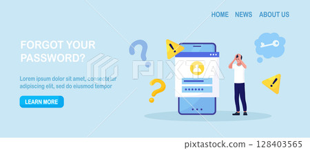 Confused man forgetting her password for web page. User assistance and password reset services. Person who forgot his personal data when he wanted to log in. Authorization and identification 128403565