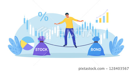 Businessman keep calm balancing on rope, choosing between stocks and bonds. Diversify portfolio investments. Passive invest wealth accumulate. Balanced investment strategy. Finance asset allocation Businessman keep calm balancing on rope, choosing between stocks and bonds. Diversify portfolio investments. Passive invest wealth accumulate. Balanced investment strategy. Finance asset allocation 128403567
