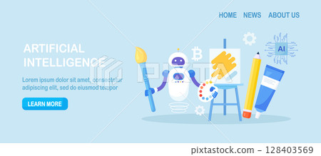 Robot painting creating artwork. Artificial intelligence generating stunning works of art. Robotic technologies in hobbies. AI artist standing and drawing picture with brush 128403569