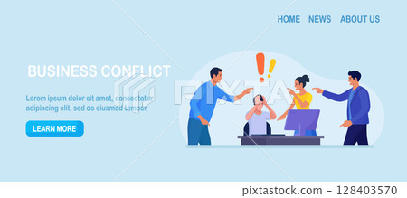 Abuse or bullying colleague. People blaming at depressed businessman. Worker sitting at desk with computer and documents hiding head. Employees point fingers and laugh. Emotional stress on work 128403570