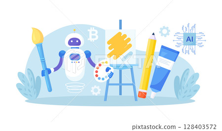 Robot painting creating artwork. Artificial intelligence generating stunning works of art. Robotic technologies in hobbies. AI artist standing and drawing picture with brush Robot painting creating artwork. Artificial intelligence generating stunning works of art. Robotic technologies in hobbies. AI artist standing and drawing picture with brush 128403572