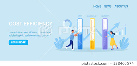Business cost optimization of services and products. Businessman adjust level for cost, efficiency and quality. Characters reduce price with level meter. Development and growth business 128403574