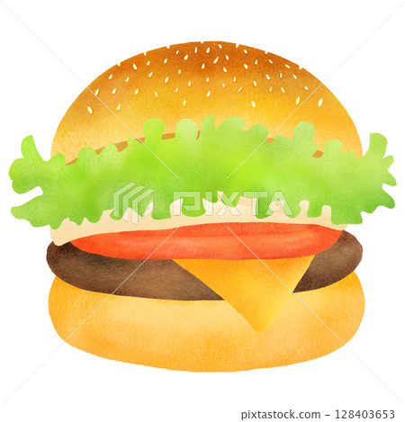 Illustration of a hamburger with fresh vegetables and cheese Illustration of a hamburger with fresh vegetables and cheese 128403653