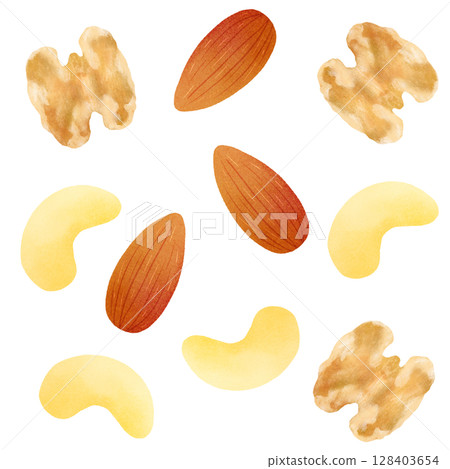 綜合堅果插圖(杏仁、腰果、核桃) 綜合堅果插圖(杏仁、腰果、核桃) 128403654