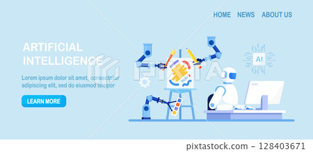 Robot painting to create artwork. Artificial intelligence generating stunning works of art. AI technologies in hobbies. Robotic arm create a painting art controlled by a computer algorithm Robot painting to create artwork. Artificial intelligence generating stunning works of art. AI technologies in hobbies. Robotic arm create a painting art controlled by a computer algorithm 128403671