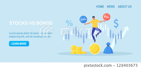 Businessman investor balancing as acrobat on giant coin, choosing between stocks and bonds. Diversify portfolio investments. Wealth accumulate. Balanced investment strategy. Finance asset allocation 128403673