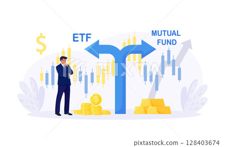 ETF. Exchange traded fund. Index fund or mutual fund. Businessman investor choosing between investing products. Diversified investment portfolio, wealth management and asset allocation. Money question ETF. Exchange traded fund. Index fund or mutual fund. Businessman investor choosing between investing products. Diversified investment portfolio, wealth management and asset allocation. Money question 128403674