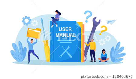 Guide instructions or handbooks. People reading user manual, guidebook or guidance. User manual book. Characters working together with useful information. FAQ Guide instructions or handbooks. People reading user manual, guidebook or guidance. User manual book. Characters working together with useful information. FAQ 128403675