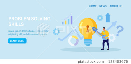 Businessman unlock new business idea. Character holding key to insert into keyhole on light bulb to reach target. Goal achievement concept. Invent new product or unlock creativity. Career opportunity Businessman unlock new business idea. Character holding key to insert into keyhole on light bulb to reach target. Goal achievement concept. Invent new product or unlock creativity. Career opportunity 128403676