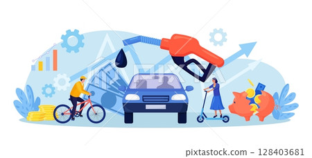 High price for car fuel. People wasting money for gasoline, changing car for bike, scooter. Fuel economy and money savings. Driver refueling auto at gas station with fuel gun 128403681