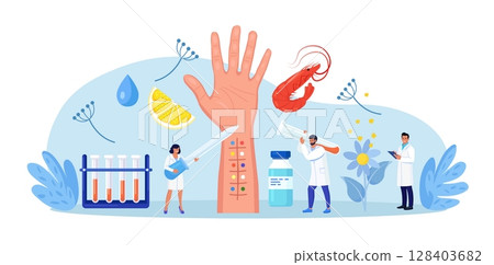 Allergy test. Patient hand with incisions for testing for allergens. Allergology and immunology. Doctors take a blood test to detect allergies 128403682