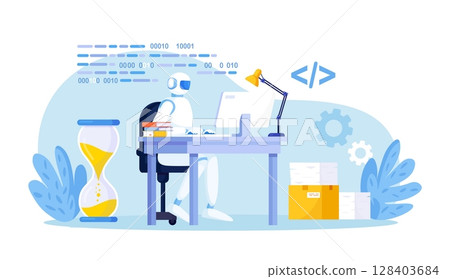 Humanoid robot working at computer in office workspace. Artificial intelligence, AI. Automation business process. Work organization. Project management, software development. Automated business system Humanoid robot working at computer in office workspace. Artificial intelligence, AI. Automation business process. Work organization. Project management, software development. Automated business system 128403684