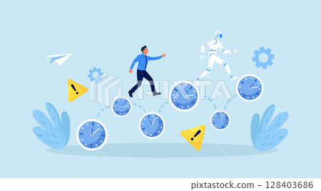 Artificial intelligence vs human. Business competition. Business people and robot running race over the clock. Business future automation. Robotic machine and employees. AI robot work efficiency Artificial intelligence vs human. Business competition. Business people and robot running race over the clock. Business future automation. Robotic machine and employees. AI robot work efficiency 128403686