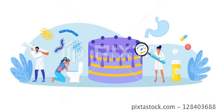Woman with symptoms of food poisoning is holding a sick stomach. Nausea, intoxication. Inspector doing quality control of food. Food poisoning from poor quality cake. Pathogenic microorganisms Woman with symptoms of food poisoning is holding a sick stomach. Nausea, intoxication. Inspector doing quality control of food. Food poisoning from poor quality cake. Pathogenic microorganisms 128403688