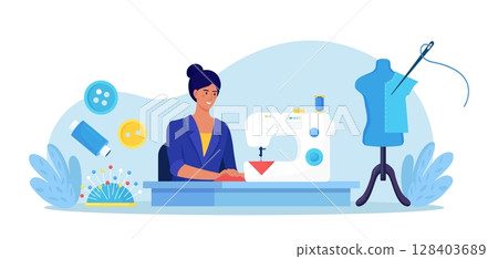 Manual sew machine with needle, threads, button. Dressmaker create apparel on sewing machine. Tailoring, textile craft business. Tailor sewing clothes. Creative atelier. Fitting on dress on mannequin 128403689