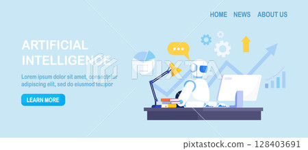 Humanoid robot working at computer in office workspace. Artificial intelligence, AI. Automation business process. Work organization. Project management, software development. Automated business system 128403691