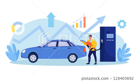 Driver refueling auto at petrol station with fuel gun. High price for car fuel. People wasting money for gasoline. Fuel economy and money savings Driver refueling auto at petrol station with fuel gun. High price for car fuel. People wasting money for gasoline. Fuel economy and money savings 128403692