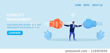 Conflict management. Man stopping conflict or fighting. Leadership skill to compromise and solving argument problem. Disagreement communication, negotiation. Business deal conversation 128403694