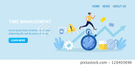 Work time management. Busy business woman is running over watch. Quick response, person rush to do everything on work matters. Time is running out. Deadline, time pressure. Productivity Work time management. Busy business woman is running over watch. Quick response, person rush to do everything on work matters. Time is running out. Deadline, time pressure. Productivity 128403696