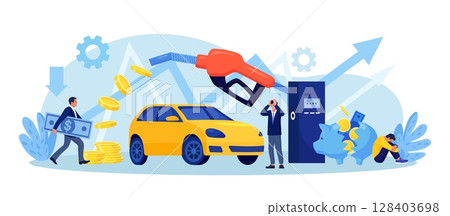 High price for car fuel. People wasting money for gasoline. Rapid growth cost petrol. Global increase rise energy prices. Fuel economy, money savings. Transport gas consumption, fossil energy crisis 128403698