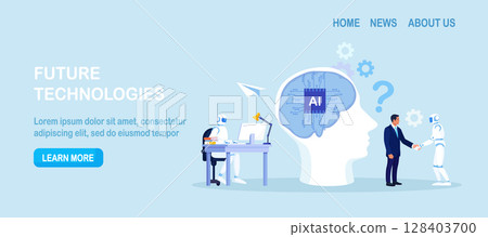 Businessman collaborates with smart AI brain. Business automation. AI robot performance. Robotic assistance. Human and artificial intelligence work together, machine assists or supports the work 128403700