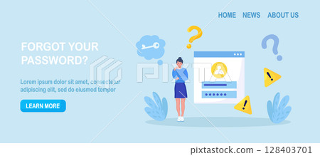 Confused woman forgetting her password for web page. User assistance and password reset services. Person who forgot his personal data when he wanted to log in. Authorization and identification 128403701
