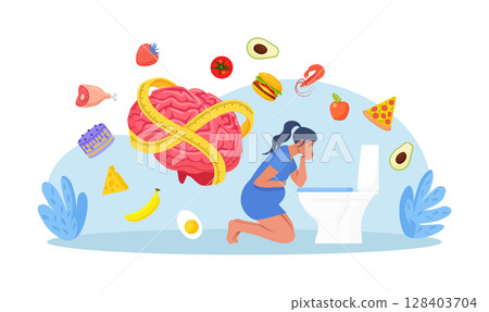 Bulimia nervosa, anorexia disease. Sad unhealthy woman vomiting in toilet. Eating disorders as psychological unhealthy diet illness. Excessive weight control, food limitation. Mental health disorder Bulimia nervosa, anorexia disease. Sad unhealthy woman vomiting in toilet. Eating disorders as psychological unhealthy diet illness. Excessive weight control, food limitation. Mental health disorder 128403704