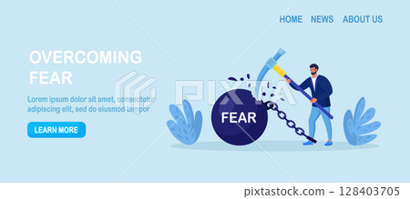 Businessman fighting with fear. Person smashed chained fear ball. Overcome fear, challenge difficulty. Character win over obstacle or difficulty. Confrontation or confidence to defeat fear 128403705