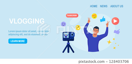Social media post, blogging. Influencer, blogger make video blog content. Character in front of camera recording video to share it in internet. Live streaming, broadcast. Selfie creative idea 128403706