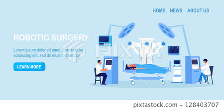 Robotic surgery. Surgeon controlling, manipulating robot arm. Innovative medicine. Medical staff performing operation on patient with help of robotic, automated equipment. Innovation surgical process Robotic surgery. Surgeon controlling, manipulating robot arm. Innovative medicine. Medical staff performing operation on patient with help of robotic, automated equipment. Innovation surgical process 128403707