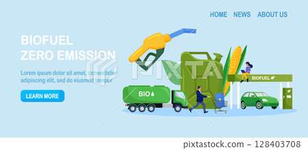 Biofuel petrol refill station with vehicles. Renewable energy source derived from organic materials. Reducing greenhouse gas emissions. Alternative green diesel. Environmental care, sustainability 128403708