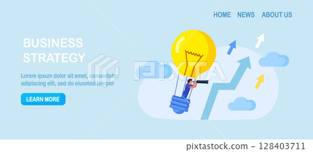 Search for new business idea, opportunity, inspiration. Businessman flying in hot air balloon as light bulb. Person using spyglass, telescope looking for vision, future. Innovation successful project 128403711