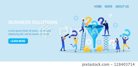 FAQ frequently asked question. Business people with funnel to get solution, filter with question marks. Solving problem, brainstorming, problems research and finding new idea, answer questions 128403714