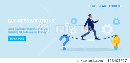Businessman walking on rope stretched between question mark and light bulb. Finding solutions to problems. Human thoughts process. Problem solving skill, critical thinking. Business innovations 128403717