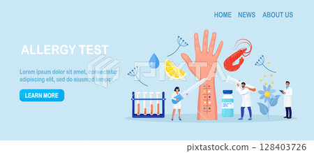 Allergy test. Patient hand with incisions for testing for allergens. Allergology and immunology. Doctors take a blood test to detect allergies 128403726