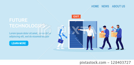 Artificial Intelligence AI robot is replacing humans. People is fired. Unemployment, job loss due to technological progress, layoffs. Robotics industry. Automated labor. Robotic Process Automation 128403727
