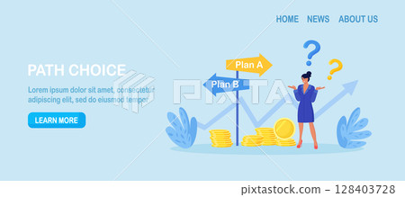 Business difficult choices. Woman trying to make a choice for the road ahead. Uncertainty and doubt. Making decision, career path, work direction or choose the right way to success 128403728