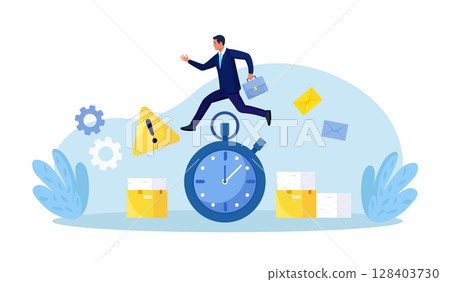 Work time management. Busy businessman is running over watch. Quick response, person rush to do everything on work matters. Time is running out. Deadline, time pressure. Productivity 128403730