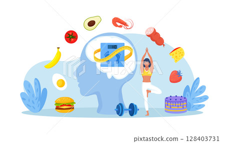 Eating disorders as psychological illness. Excessive weight control, food limitation. Woman worrying about her appearance, doing exercise. Addiction to slimming, dieting and mental guilty feeling 128403731
