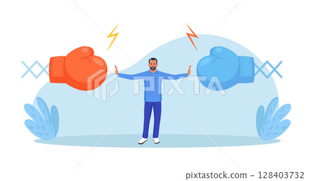 Conflict management. Man stopping conflict or fighting. Leadership skill to compromise and solving argument problem. Disagreement communication, negotiation. Business deal conversation 128403732