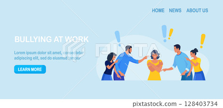 Group of violent people bullying, accusing coworker. Employees point fingers and laugh. Toxic work, abuse, bullying colleagues. Exhausted depressed employee. Angry furious characters yelling at woman 128403734