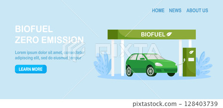 Biofuel petrol refill station with vehicles. Auto fueled with green gas. Alternative energy. Environment without greenhouse gases and CO2 emissions 128403739