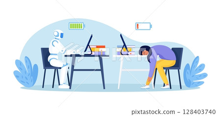 Robot vs human. High productivity artificial intelligence working at computer and tired employee at workplace. Business automation. AI robot work efficiency. Automation or robotic assistance 128403740