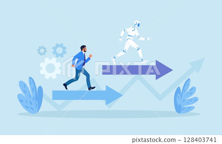 Ai robot vs man. Business competition. Robot employee competition with human. Artificial intelligence and people running competition together. Future automation. Robotic machine and worker Ai robot vs man. Business competition. Robot employee competition with human. Artificial intelligence and people running competition together. Future automation. Robotic machine and worker 128403741